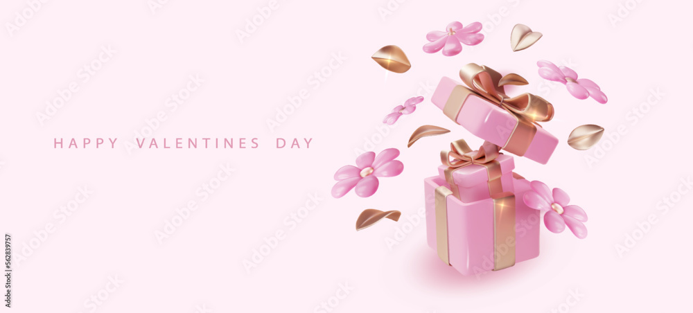 Valentine's day design template about 14 February. Realistic rose flower and boxes. Romantic background