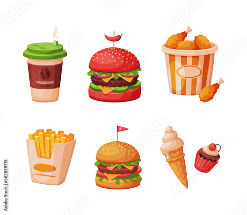 Fast Food Meal and Dinner with Coffee Cup, Hamburger, Chicken Legs Bucket, French Fries and Ice Cream Vector Set