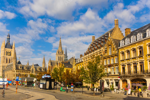 Summer landscape of city streets in Ieper with a view of residential buildings, Belgium photo