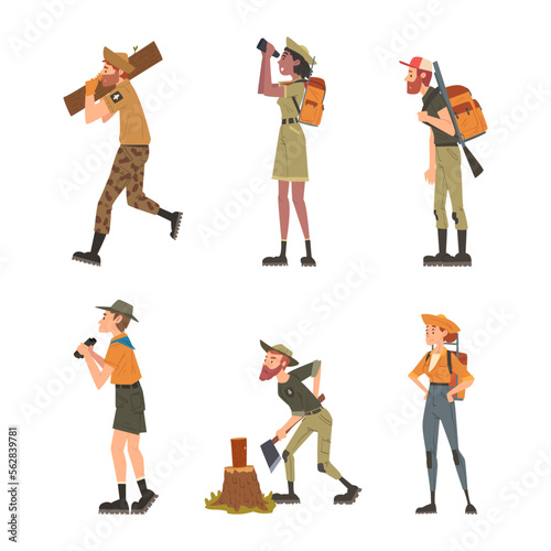 Forest Rangers Working at National Park Caring About Nature Vector Set