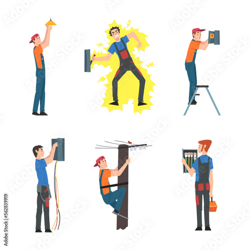 Man Electrician in Overall Fixing Electrical Wiring Vector Set