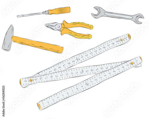 Cartoon hand tools for workshop workers.