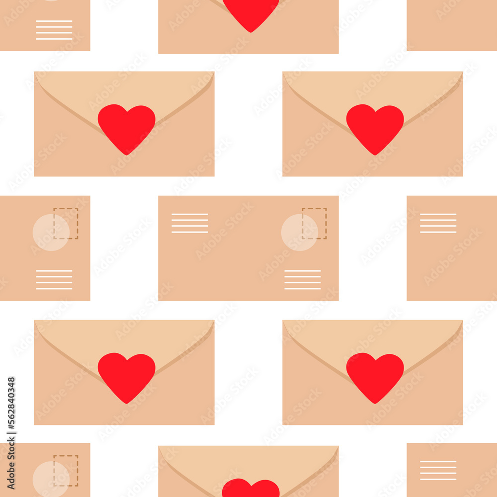 Envelopes with hearts isolated on a white background. Seamless vector pattern.