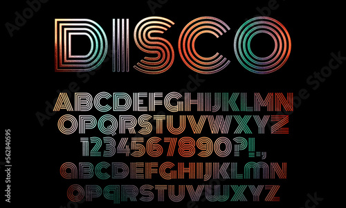 Multicolor disco alphabet letter set and numbers, retro style font design, 80s 90s sparkling line abc for poster, banner, website etc.  © Aul Zitzke