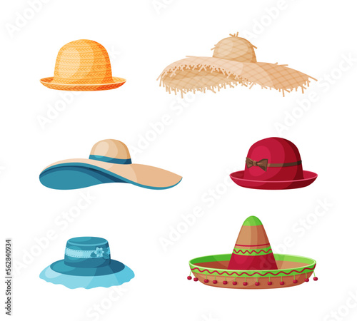 Wide Brimmed Hat of Different Color Vector Set