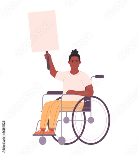 Young black man in wheelchair holding clean empty banner or placard. Activism, social movement. Democracy, rally and protest. Person with physical disability. Vector illustration in flat style