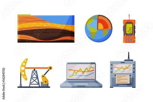 Earth Exploration and Geological Tools with Soil Surface Layer, Globe, Radio, Derrick and Laptop with Chart Vector Set