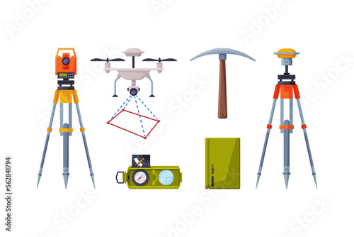 Earth Exploration and Geological Tools with Measurement Device on Tripod, Pickaxe, Drone and Compass Vector Set