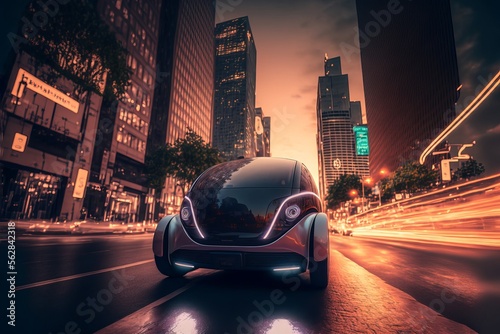 Self driving car in a modern city. Generative AI 