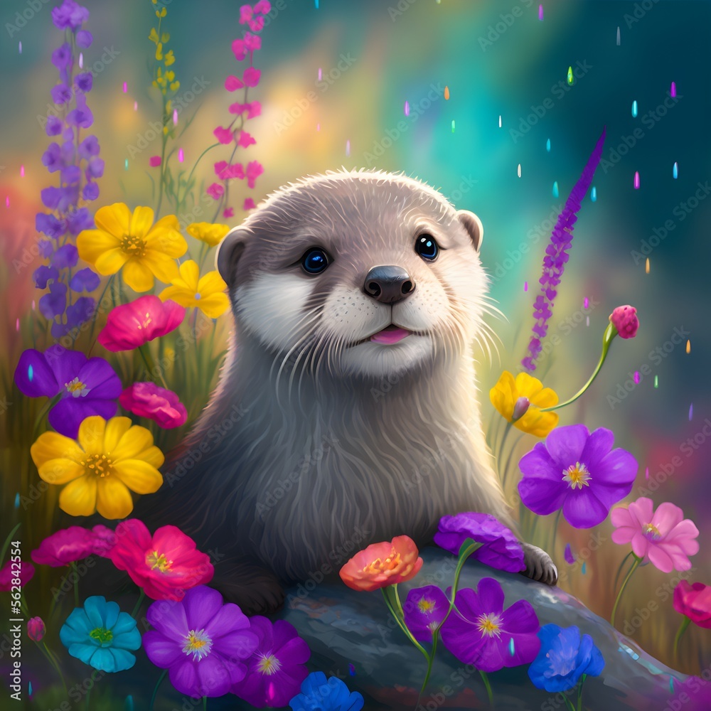 cute baby otter, fluffy, colorful, flowers, rainbow, magical ...