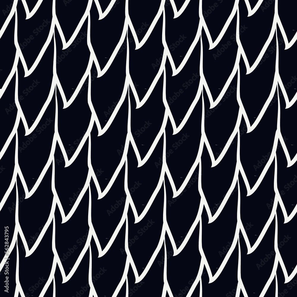 Paint brush squama seamless pattern. Asian traditional ornament. Repeated scallops. Fish scale wallpaper. Bird feather. Ethnic motif. Geometrical digital paper. Tribal textile print. Vector work