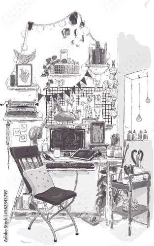 Cute sketch illustration of boho cute artist studio