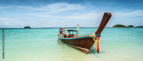 Beautiful photo of longtail boat in a tropical beach on Koh Lipe Island, Thailand, Asia. Dream travel destination.
