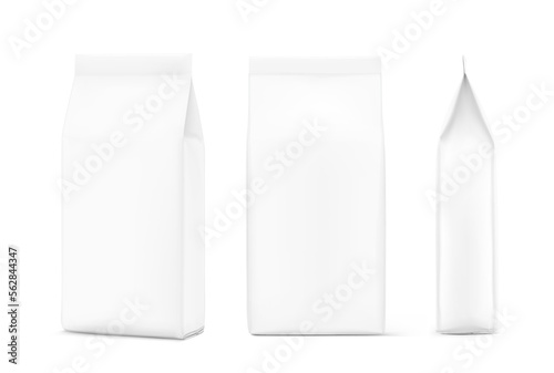High realistic food bag mockup. Vector illustration isolated on white background. Front, side and half side view. Can be use for template your design, presentation, promo, ad. EPS 10.	