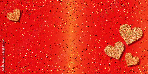 Happy Valentines Day greeting card with gold glittering hearts pattern on red background. Vector banner, flyer, poster template. . Vector illustration