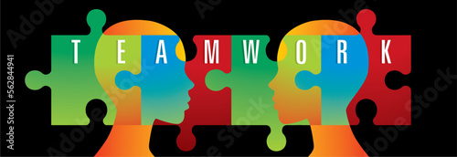 Banner with two human profiles connected with puzzle, jigsaw pieces. Text TEAMWORK. Vector illustration.