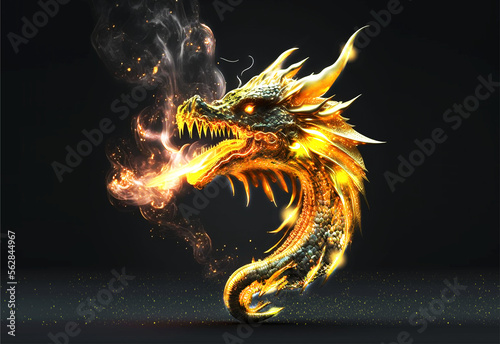 luxury dragon golden of fire comes from aburning 3D illustration futuristic. generative ai photo