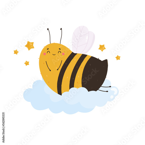 Vector illustration of a cute funny bee sleeping on a cloud