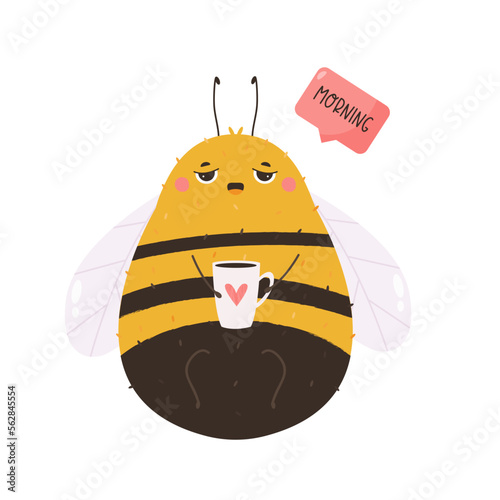 Vector illustration of a cute sleepy bee sitting with a cup of tea