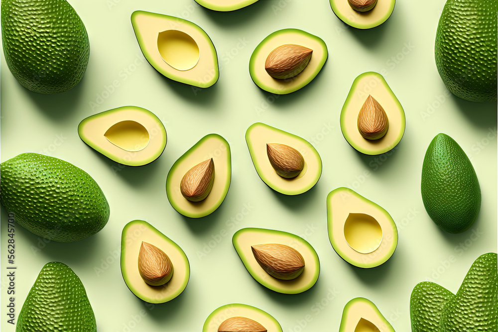 Hass avocado halves, background wallpaper, pattern of many bright avocados on a green background. This beautiful green fruit with a large pit wall paper was created with generative ai art. - obrazy, fototapety, plakaty 