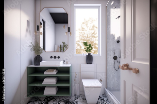 Modern bathroom interior design  Luxury yet minimalist clean  bright and hygienic spacious bathroom with shower  toilets  mirrors  bathtub and natural green plant in a hotel  apartment  or house.