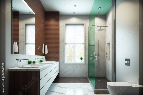 Modern bathroom interior design  Luxury yet minimalist clean  bright and hygienic spacious bathroom with shower  toilets  mirrors  bathtub and natural green plant in a hotel  apartment  or house.