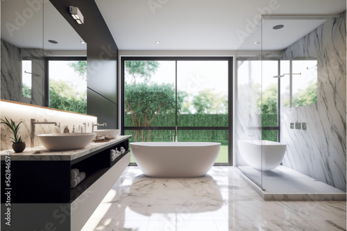 Modern bathroom interior design  Luxury yet minimalist clean  bright and hygienic spacious bathroom with shower  toilets  mirrors  bathtub and natural green plant in a hotel  apartment  or house.