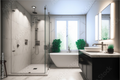 Modern bathroom interior design  Luxury yet minimalist clean  bright and hygienic spacious bathroom with shower  toilets  mirrors  bathtub and natural green plant in a hotel  apartment  or house.