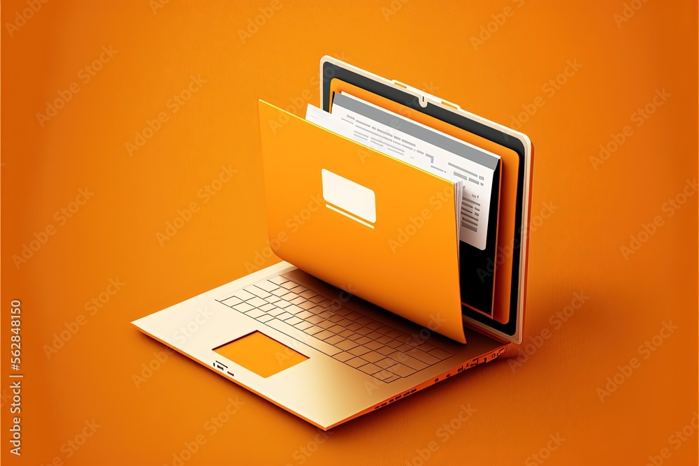 File folder on laptop screen, orange background. AI digital illustration - obrazy, fototapety, plakaty 