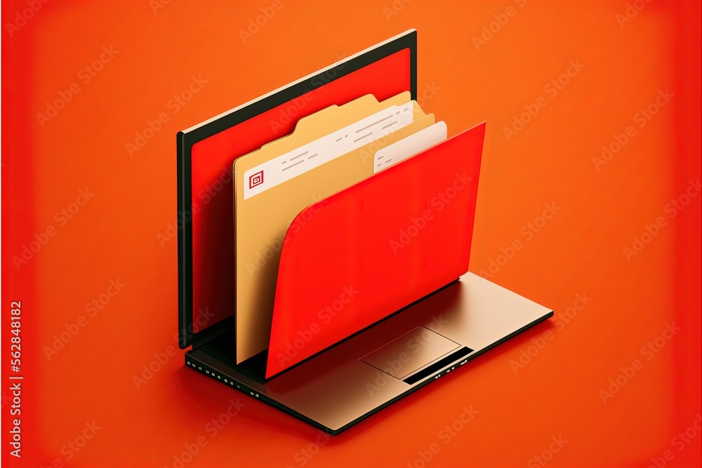 File folder on laptop screen, red background. AI digital illustration File folder on laptop screen, red background. AI digital illustration
