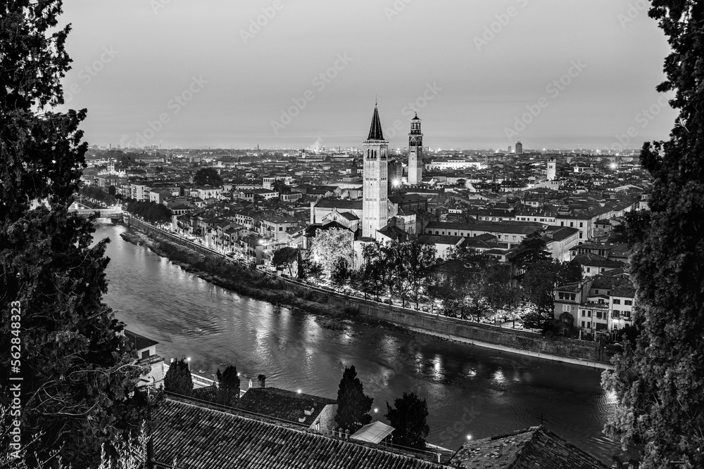 Verona, Veneto, Italy: Evening skyline reflected in the waters of river Adige with Saint Anastasia church and Lamberti tower beyound tree branches in black and white