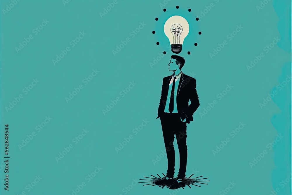 Businessman with light bulb, ideas concept, blue background. AI digital illustration Businessman with light bulb, ideas concept, blue background. AI digital illustration
