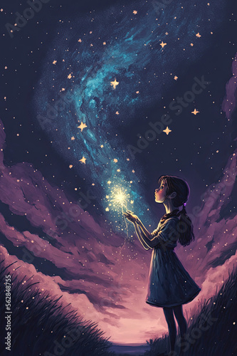 A Young Girl Catching Falling Stars. Generative AI Illustration