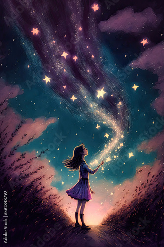 A Young Girl Catching Falling Stars. Generative AI Illustration