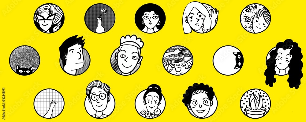 Group of people avatars circles on modern yellow background banner Group of people avatars circles on modern yellow background banner