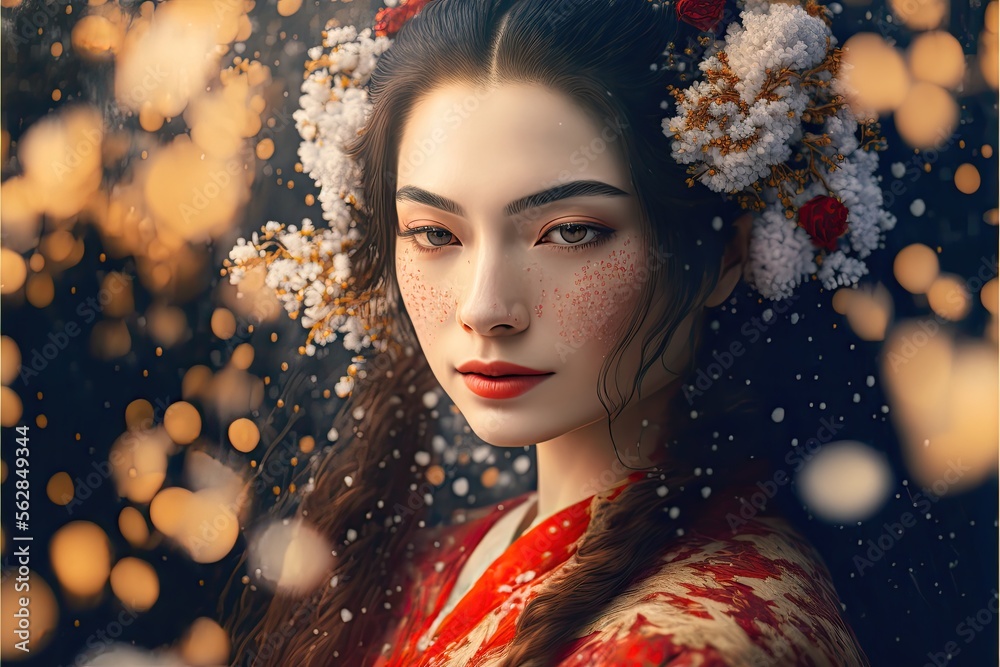 Stunning geisha, red and white, shining golden flowers in her hair Stunning geisha, red and white, shining golden flowers in her hair