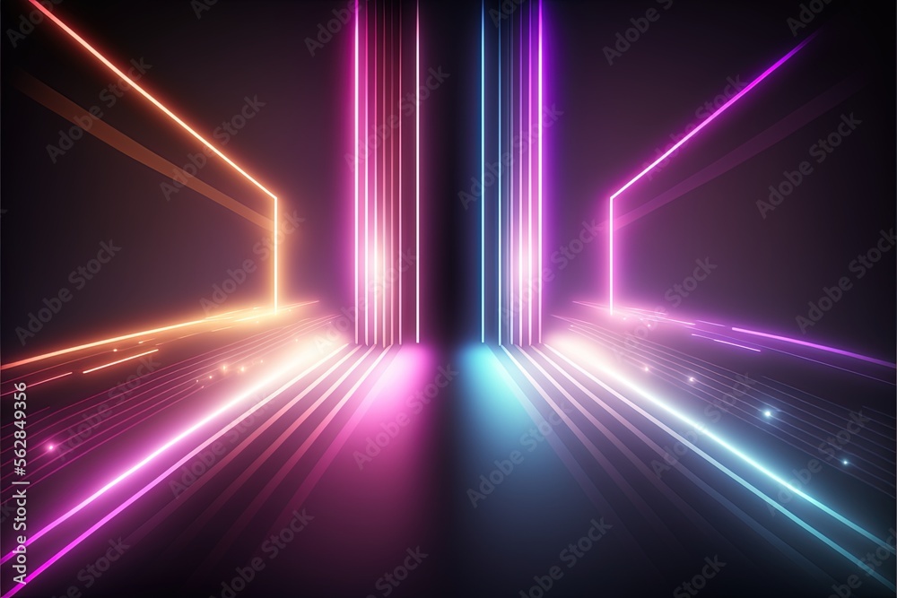 Background with realistic neon light beams. AI digital illustration