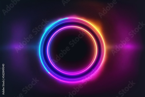 Background with neon lights in the shape of a circle. AI digital illustration