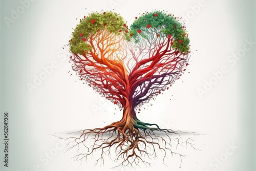 Tree of life roots making red heart shape. Generative AI