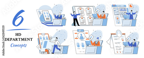 HR department work scenes set, qualified employee responsible for formation of human resources in organization. Specialist engaged in selection, adaptation, dismissal, development of personnel