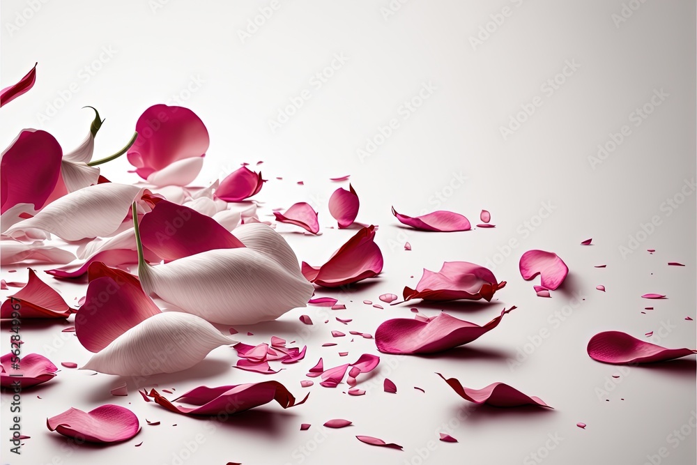 White background with scattered rose petals. Generative AI