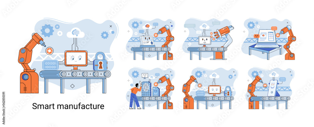 Smart manufacture metaphor with automated production line. Innovative contemporary smart industry product design, delivery and distribution with people, robots and machinery, conveyor assembly line Smart manufacture metaphor with automated production line. Innovative contemporary smart industry product design, delivery and distribution with people, robots and machinery, conveyor assembly line