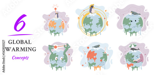 Global warming. High temperature and hot weather Earth. Climate change concept. Hot melt planet earth. Global warming heating impact. Tiny people. Raising global temperature. People energy use planet