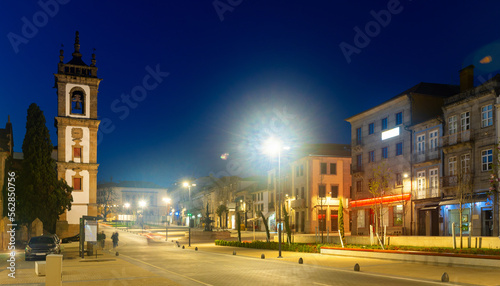 Scenic view of Portuguese town of Vila Real with medieval houses and Cathedral at main Carvalho Araujo avenue at night