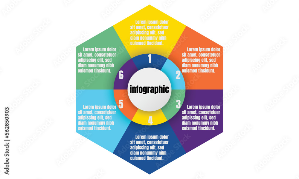 Fototapeta premium Infographic template for business information presentation. Vector hexagon and geometric elements. Modern workflow diagrams. Report plan 6 topics
