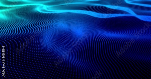 Blue waving particles motion graphics. Smooth flowing field. Soft ocean of dots. Abstract digital technology background. 4K seamless loop animation.