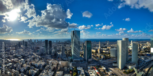 Aerial view of tel aviv skyline with urban skyscrapers and blue sky, Israel