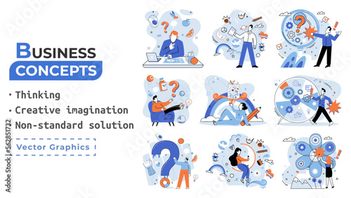 Creative thinking. People with different mental mindset types or model creative. Imaginative logical and structural thinking. MBTI person metaphor. Non standart solution. Brain think people solve idea