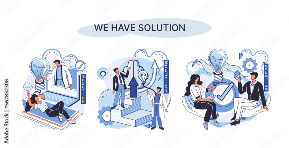 Reaching solution as result of work of business team. Startup employees. Goal thinking. Cooperation construction by agency create team. Creative successful management metaphor, decision and teamwork