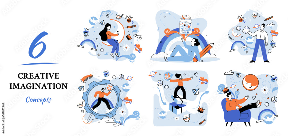 Fototapeta premium Creative mind, imagination or brainstorm or originative idea concept. Creative imagination. Phantasy space and creativity. Phantasy flow and creativity metaphor, fantasies in mind. Vision development